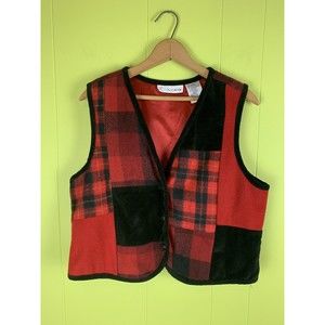 Vintage Chrysantheme Lined Multi Colored Wool Blend Vest Women's Sz M Plaid